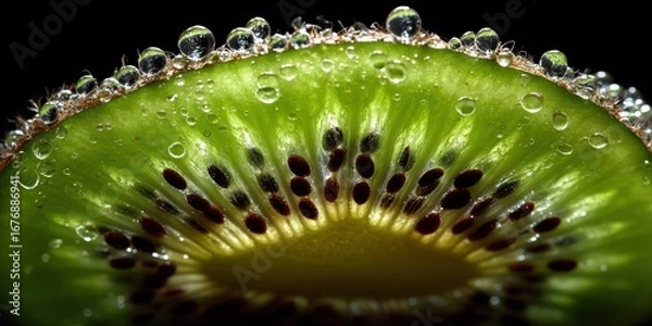 Fototapeta A dramatic, close-up photograph showcases a halved kiwi fruit, dramatically lit against a stark black background. Water droplets cling to the exposed flesh, creating a glistening, jewel-like effect. 