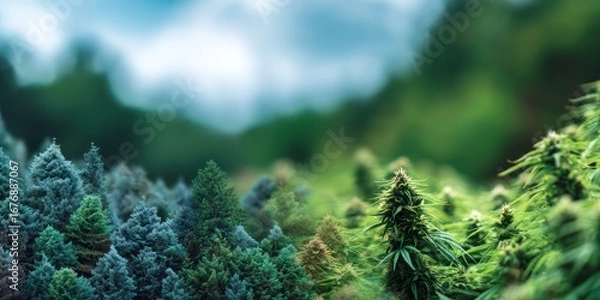Fototapeta A close-up photograph showcases a vibrant collection of cannabis plants, transitioning from a dense, bluish-green bud cluster in the foreground to taller, more elongated, 
