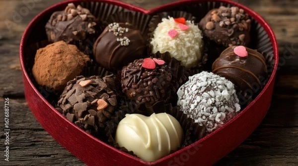 Fototapeta A luxurious heart-shaped box overflows with an assortment of decadent chocolate truffles. The box is a deep red, lined with a contrasting dark red ribbon. Inside, 
