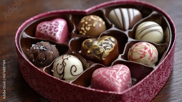 Fototapeta A heart-shaped box overflows with a collection of exquisite chocolates. The box itself is a deep burgundy color with a textured, slightly raised pattern. Inside, twelve individually wrapped chocolates