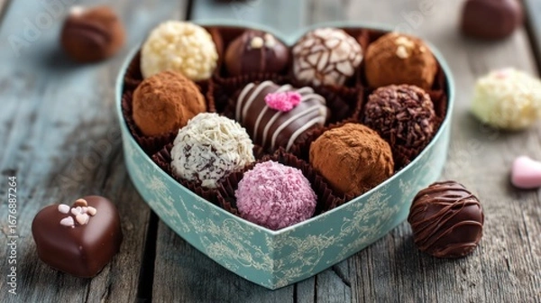 Fototapeta A heart-shaped box filled with assorted truffles sits on a weathered wooden surface. The box is light blue with a delicate floral pattern. Inside, twelve truffles of varying colors ? 