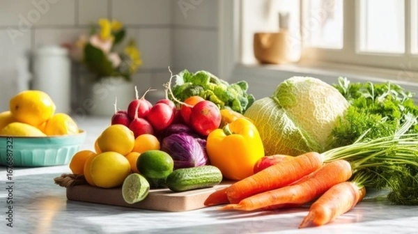 Fototapeta A vibrant still life arrangement of fresh produce sits on a white marble countertop, bathed in natural light streaming through a window.