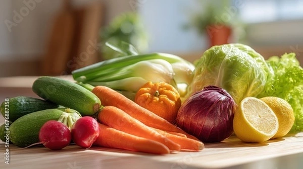 Fototapeta A vibrant assortment of fresh vegetables sits on a light-colored wooden cutting board. A variety of colorful produce ? cucumbers, zucchini,