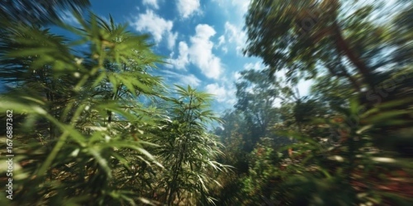 Fototapeta A dynamic, slightly blurred photograph captures a dense cannabis crop growing amidst a lush, green forest. The shot is taken from a low angle, looking upwards through the foliage,