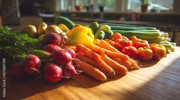 Fototapeta A vibrant assortment of fresh vegetables is arranged on a wooden countertop, bathed in warm sunlight streaming through a window. Potatoes, cucumbers, yellow bell peppers, green beans, radishes, 