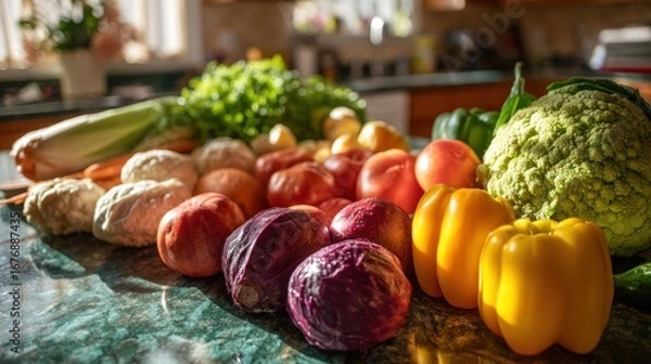 Fototapeta A vibrant assortment of fresh vegetables is arranged on a dark green marble countertop, illuminated by sunlight streaming through a window. The foreground is dominated by a colorful collection of...