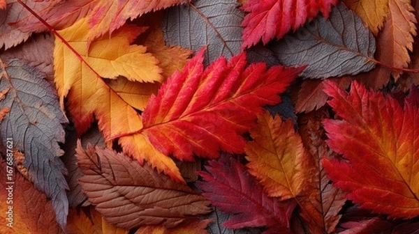 Fototapeta A dense collection of autumn leaves rests on a dark background, creating a rich, textured composition. The leaves display a vibrant spectrum of colors, including deep reds, 