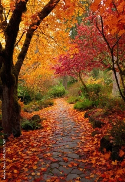 Fototapeta A pathway winds through a vibrant autumn garden, framed by towering trees ablaze with orange, red, and yellow foliage. The path is constructed of weathered, moss-covered stones, leading into a dark