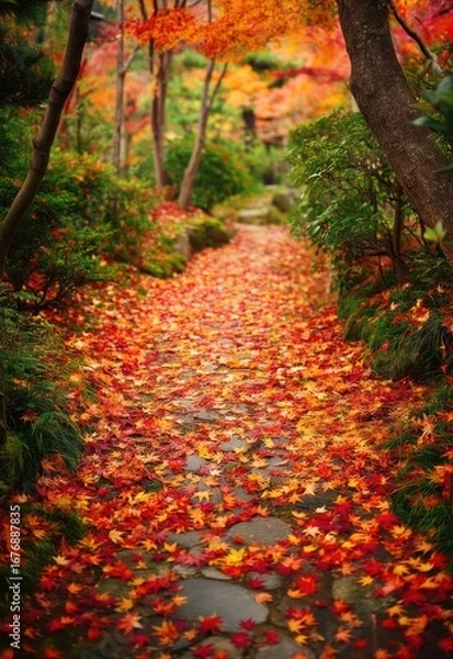 Fototapeta A serene pathway winds through a Japanese garden, blanketed in a vibrant carpet of fallen maple leaves. The path, constructed of moss-covered stones, leads the eye deeper into the scene.