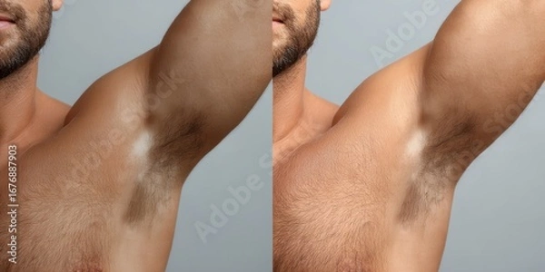 Fototapeta A man stands with his arm raised, showcasing his upper arm and armpit. The image presents a before-and-after comparison. On the left, the man?s armpit displays a prominent, light-colored, 
