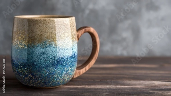Fototapeta A rustic wooden mug rests on a dark brown wooden table. The mug features a unique, textured glaze with a gradient effect, transitioning from a golden-beige at the top to a vibrant blue with...