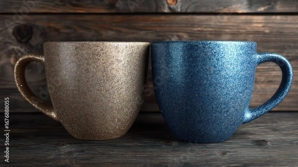 Fototapeta Two ceramic mugs rest side-by-side on a dark wooden surface. One mug features a warm, earthy brown glaze with a speckled texture, while the other boasts a deep, 