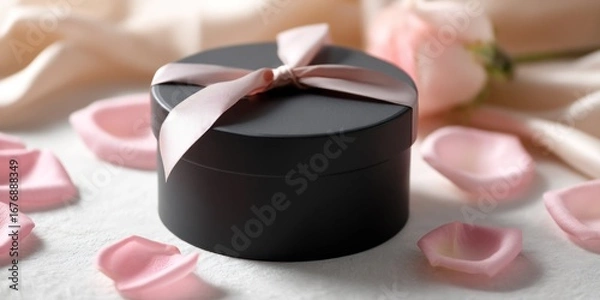 Fototapeta A sleek, black, round gift box sits prominently on a textured, off-white surface. A delicate, pale pink satin ribbon is tied around the box, creating a polished and elegant presentation. 
