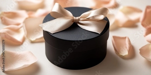 Fototapeta A black gift box with a satin ribbon bow sits prominently on a white surface, surrounded by delicate, pale pink rose petals. The box is circular and appears to be holding a small, unseen item. 