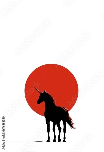 Fototapeta A stark, minimalist image depicts a silhouetted unicorn standing against a vibrant red circle. The unicorn?s form is sharply defined, with its head and neck raised, 