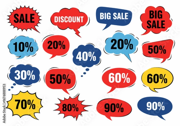 Fototapeta Shape speech bubble. Talk pop art bubbles colorful shapes of balloon for abstract sale price sticker, retro shaping frames illustration