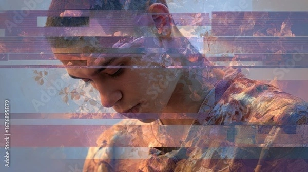 Fototapeta Young person decoding ancestral trauma via lucid dreams visualized as glitched film strips, symbolic time healing, ochre and dusty lilac 
