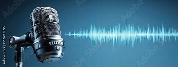 Fototapeta Close-up of a microphone with audio wave, professional studio equipment
