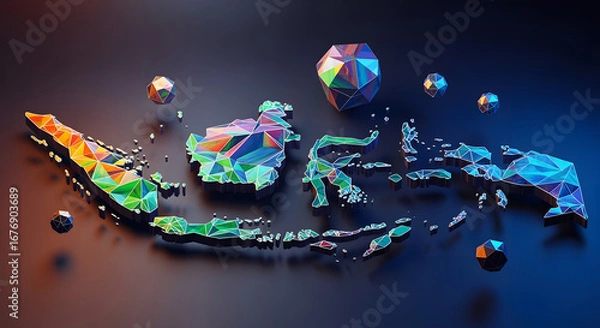 Fototapeta Colorful Low Poly Map of Indonesia with Floating Geometric Spheres on Transparent Background