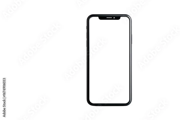 Fototapeta A black and white cell phone with a white screen. The phone is sitting on a white surface