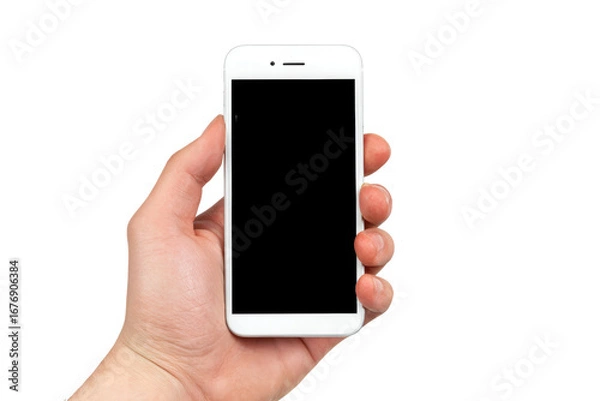 Fototapeta A hand holding a white cell phone with a black screen. The phone is in a person's hand and is not turned on