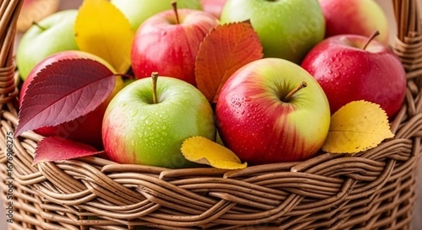 Fototapeta Ripe Red and Green Apples in a Rustic Woven Basket with Autumn Leaves.