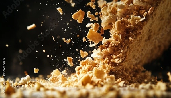 Obraz Pile crumbs cake flying on black background