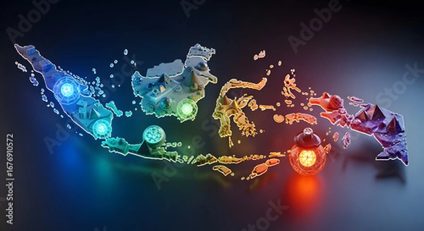 Fototapeta Colorful Digital Illustration of Geometric Dragons and Swords with Glowing Orbs in Transparent Background