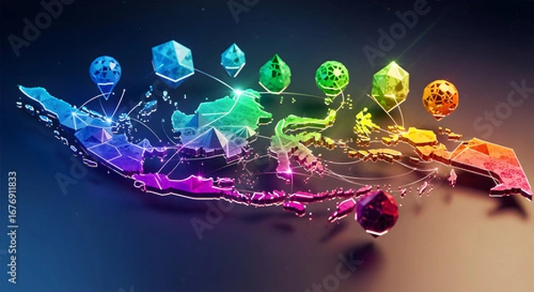 Fototapeta Colorful Digital Abstract Map with Geometric Shapes and Floating Spheres in Transparent Background