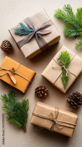 Fototapeta Festive wrapped gifts and pine decorations create a cozy holiday atmosphere on a light surface