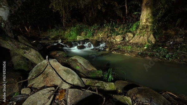 Fototapeta Scenic river with flowing water, rocks, trees, underwater view and sun reflection