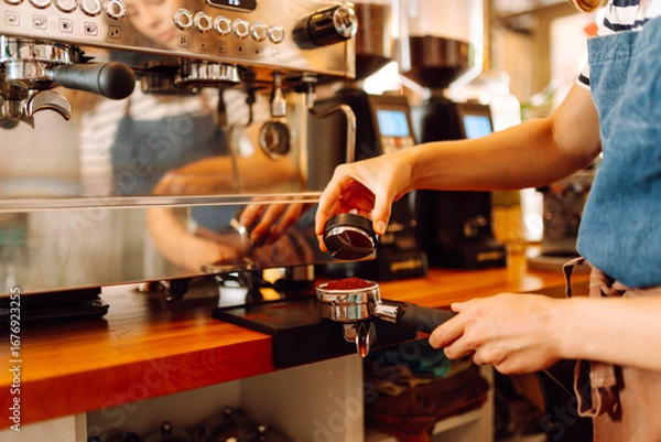Obraz An experienced barista prepares aromatic coffee on a modern espresso machine. Hands of a woman frothing milk, preparing espresso in a cozy coffee shop. Small business concept, drinks.