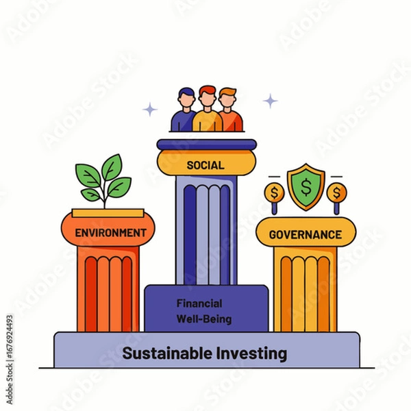 Fototapeta This modern illustration clearly depicts the Environmental, Social, and Governance (ESG) pillars, foundational for sustainable investing and financial well-being.