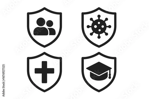 Fototapeta Insurance protection and safety icon set. Shield symbols for healthcare, medical, virus, people, education, insurance, security, risk management. Flat vector design for web, print, infographic use