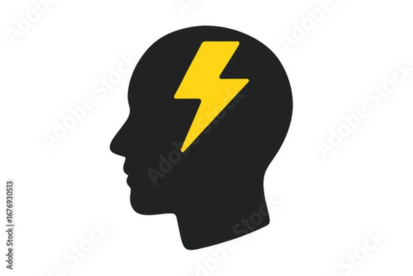 Fototapeta Headache, stress, and anxiety concept. Brainstorming, idea, and creativity symbol. Human head silhouette with a lightning bolt. Mental health, psychology, and power metaphor.