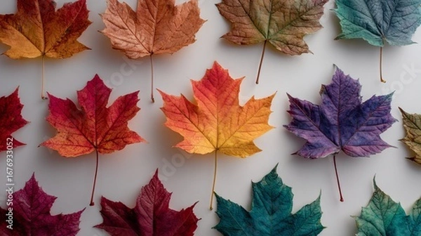 Fototapeta Vibrant autumn maple leaves display stunning spectrum of fall colors on clean white background