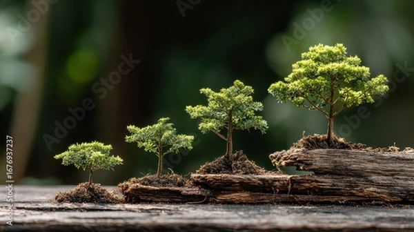Fototapeta New life on fallen timber, small trees flourish on a decaying log in the forest resilient