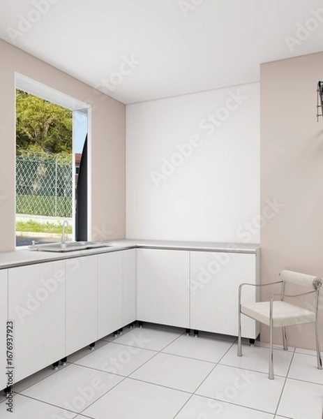 Obraz Minimalist interior with white cabinets, corner sink, and modern chair by the window, creating a bright, clean, and functional space suitable for office or clinic use
