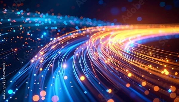 Fototapeta Abstract digital illustration with flowing lines of blue and orange light, creating a sense of speed and connectivity.