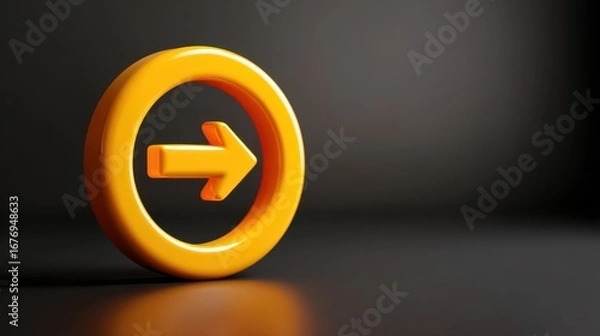 Fototapeta A vibrant yellow circular ring featuring a bold directional arrow symbolizing forward movement guidance and progress against a clean minimalist background for modern concepts