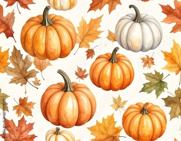 Fototapeta Colorful pumpkins with autumn leaves background.