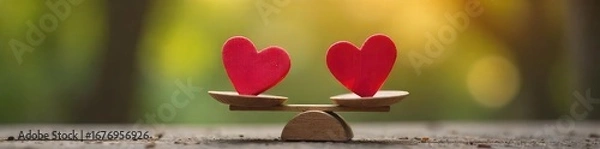 Fototapeta A happy couple enjoys a balanced and equal relationship, symbolized by perfectly balanced scales with hearts on each side, representing mutual respect and effort , communication, peace