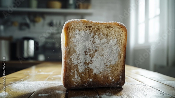 Fototapeta Close up of slice of toasted bread with powdered sugar sprinkled on top, placed on wooden table in softly lit kitchen, creating warm and cozy atmosphere