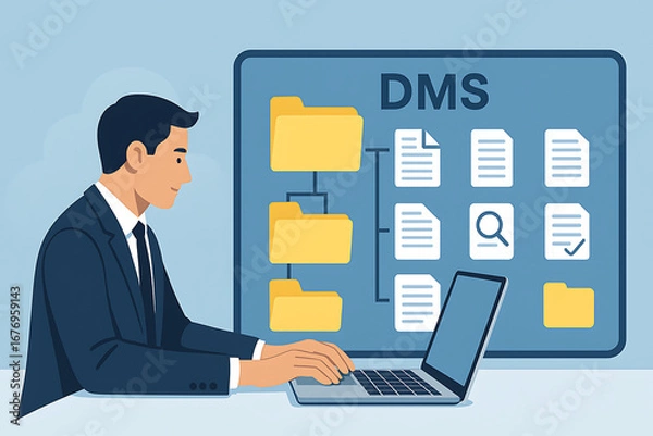 Fototapeta Man using a laptop for document management system to organize and store digital files and folders