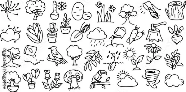 Fototapeta Nature and Gardening Line Icons Set – Trees, Plants, Flowers, Gardening Tools, Weather, Vegetables, Birds, Eco Symbols, Minimal Hand Drawn Outline Style Collection