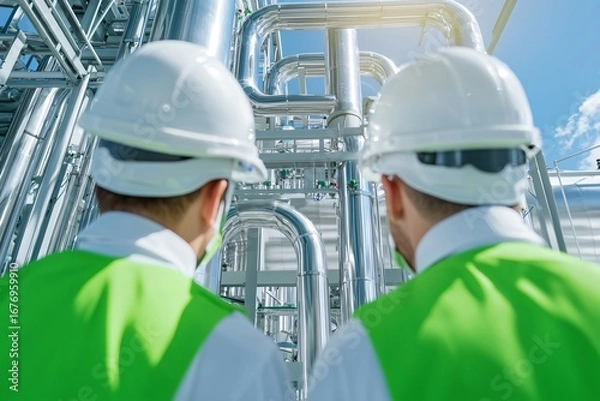 Obraz Engineers supervising biomass carbon capture unit connected to storage facility, modern clean energy infrastructure with advanced monitoring technology