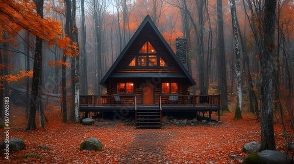 Fototapeta Illuminated A-frame cabin in autumn forest.