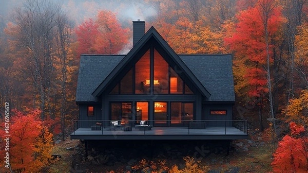 Fototapeta Cozy A-frame cabin nestled in vibrant autumn forest.