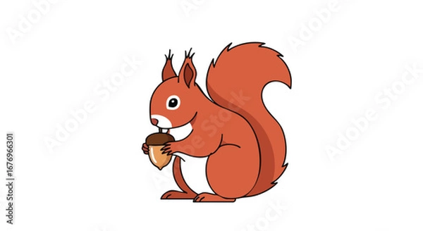 Fototapeta Animated depiction of a squirrel clutching an acorn on a stark white canvas exudes an air of charm and simplicity in its clear depiction of wildlife