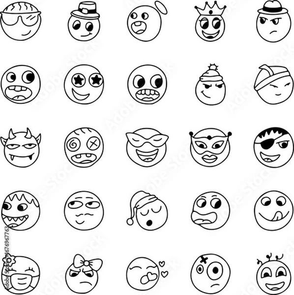 Fototapeta Hand drawn emoji set, funny doodle emoticons, cartoon faces with different expressions, sketch style smiley icons collection, outline black and white vector illustration pack